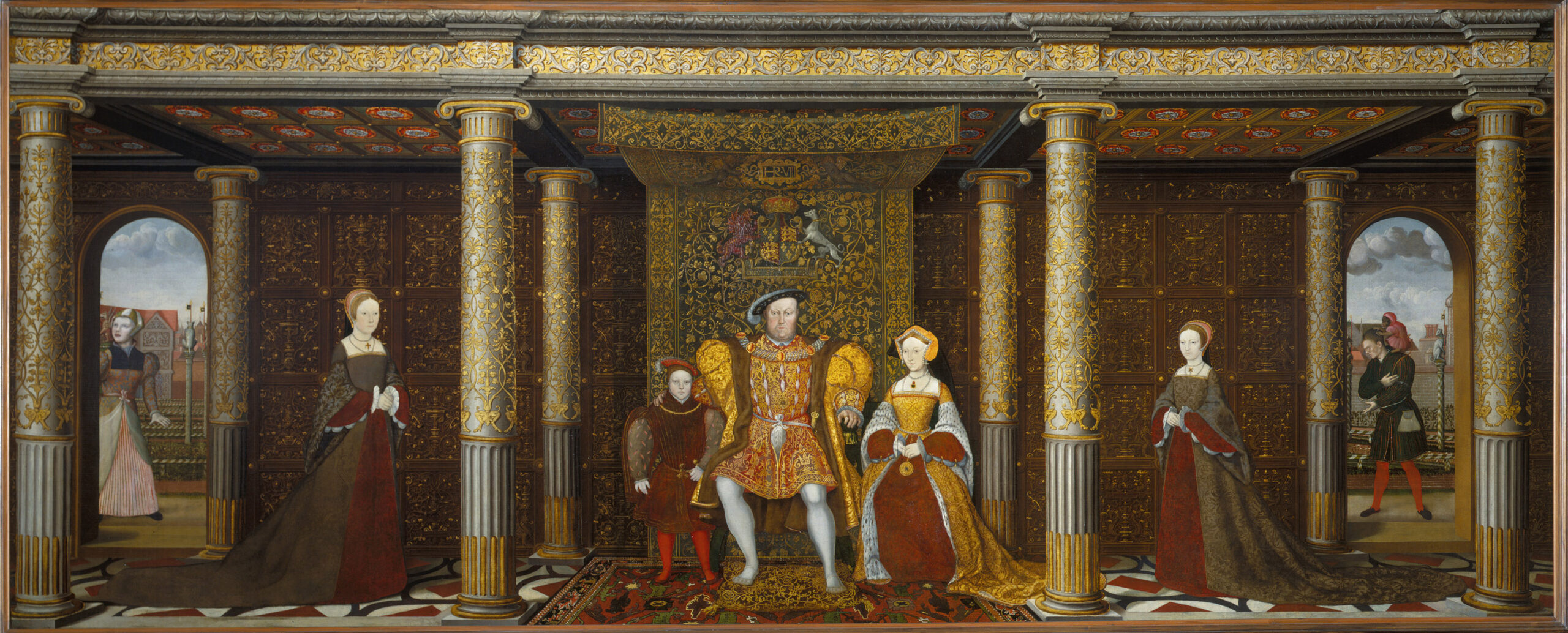 The painting "The Family of Henry VIII." The woman in the left archway is thought to be Jane Foole.