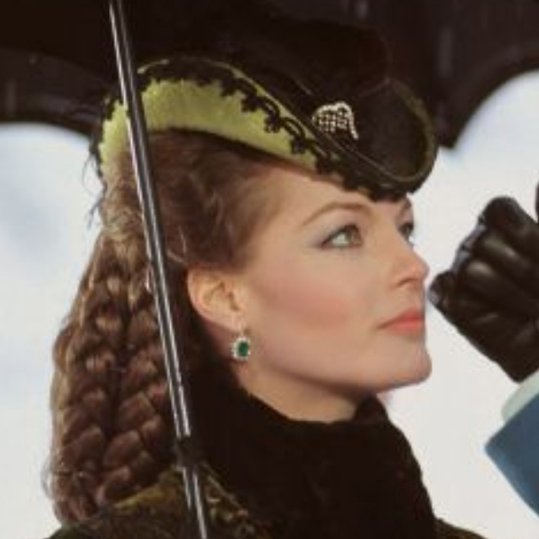 Romy Schneider as Elisabeth of Austria wearing a diamond brooch in the 1973 film "Ludwig."
