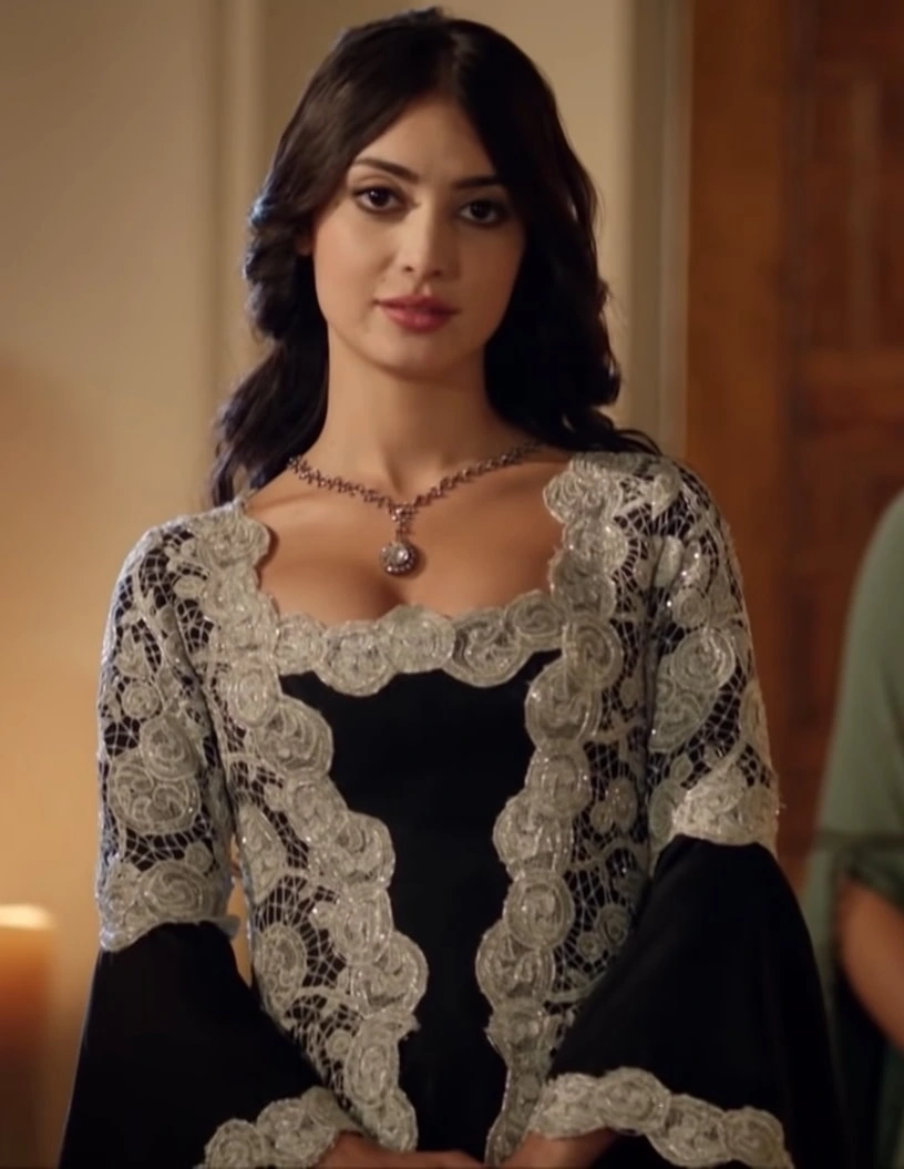 Melike İpek Yalova as Princess Isabella Fortuna wearing a black and white lace gown in the 2011 series "Muhteşem Yüzyıl (Magnificent Century)."
