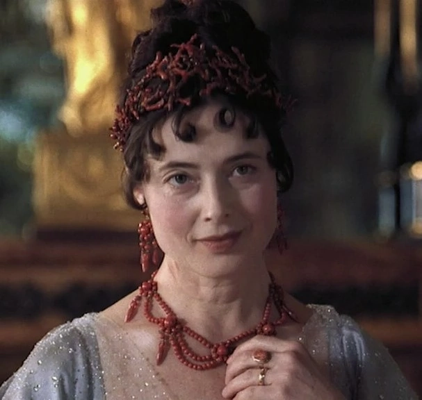 Isabella Rossellini as Joséphine de Beauharnais wearing a set of coral jewlelry in the 2002 miniseries "Napoléon."
