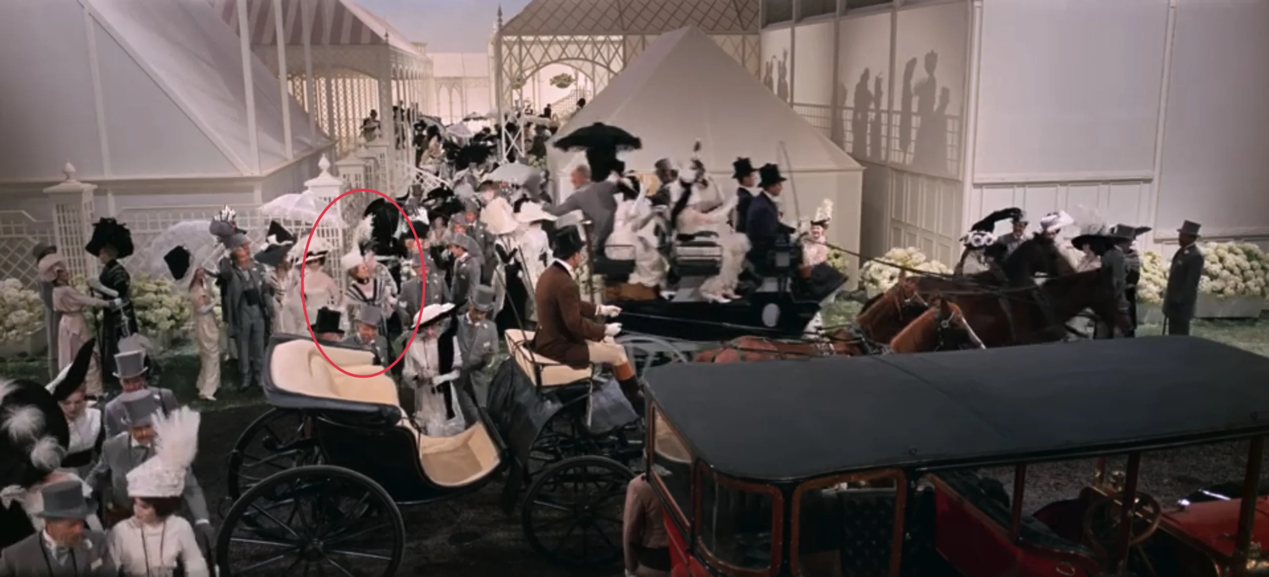 A screenshot from the film "My Fair Lady" showcasing costumes from the Ascot.