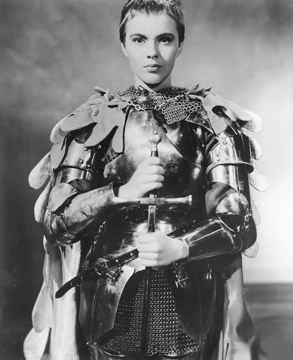 Jean Seberg as Joan of Arc wearing a suit of armor in the 1957 film "Saint Joan."