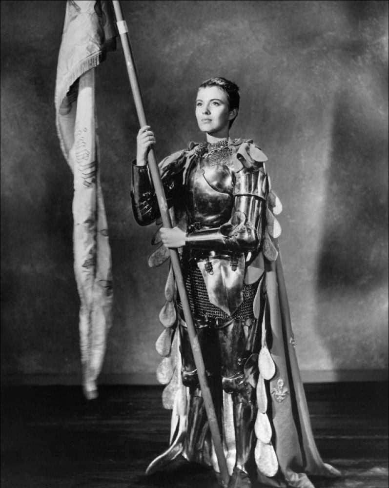 Jean Seberg as Joan of Arc wearing a suit of armor in the 1957 film "Saint Joan."