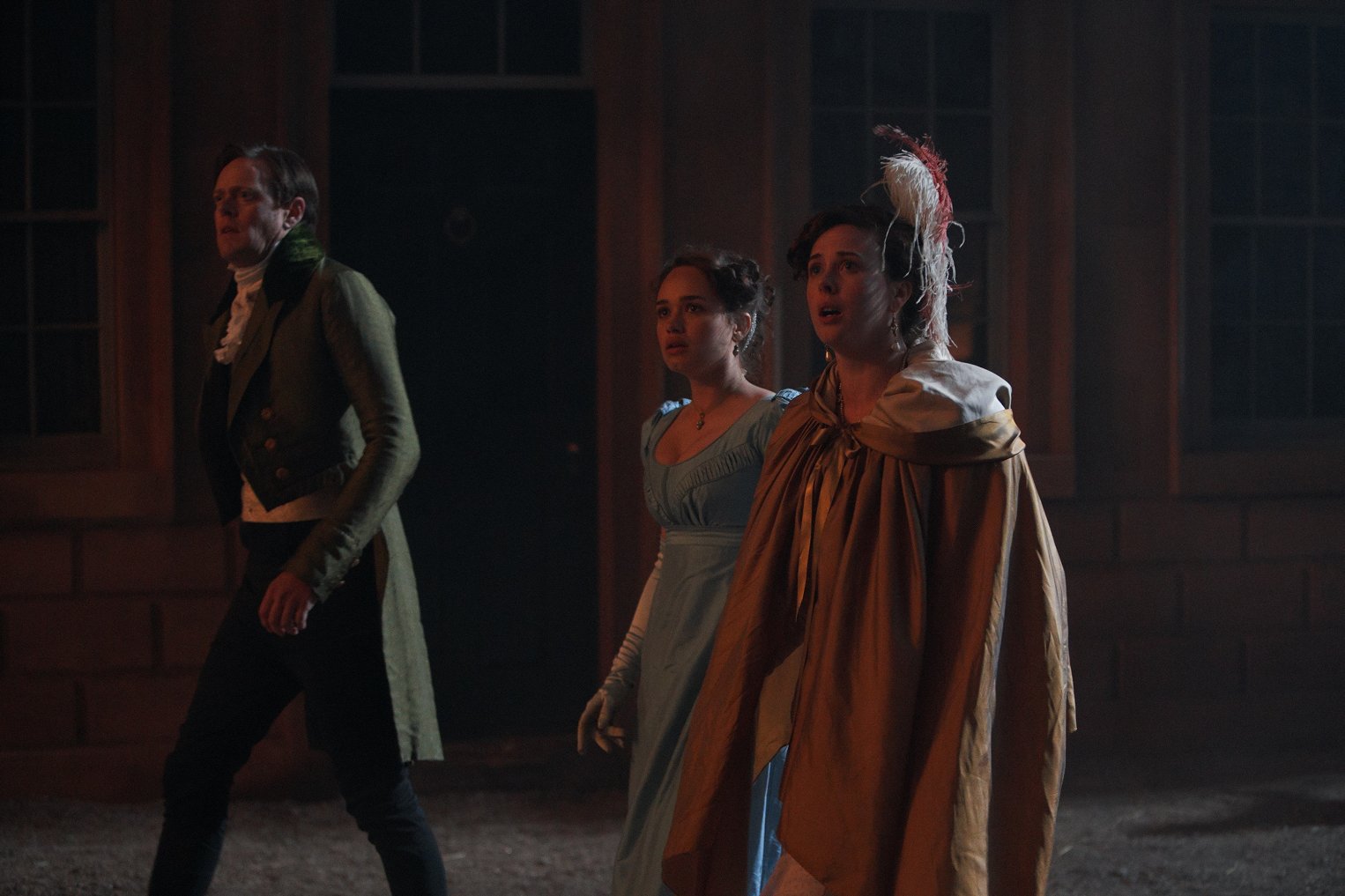 Rose WIlliams as Charlotte Heywood wearing a blue dress in the 2019 series "Sanditon."