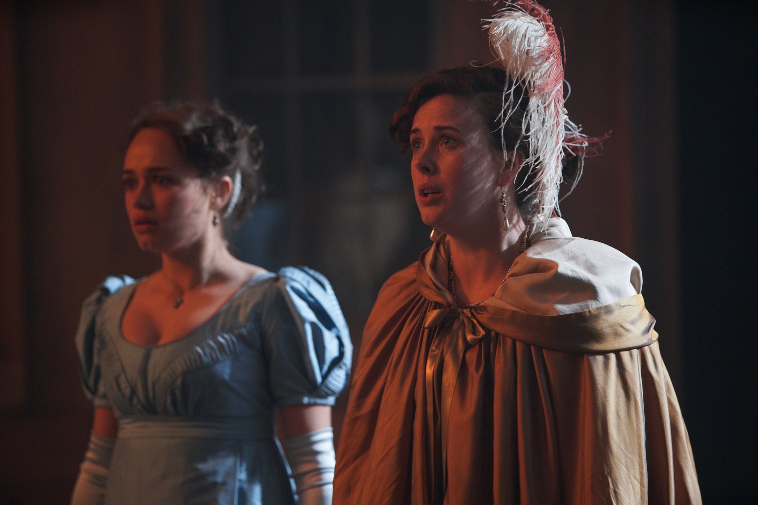 Rose WIlliams as Charlotte Heywood wearing a blue dress in the 2019 series "Sanditon."