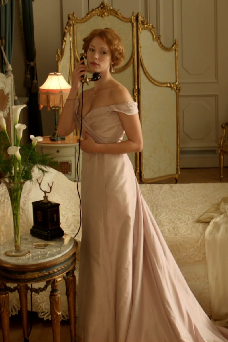 Rebecca Hall as Sylvia Tietjens wearing a pale blush pink gown in the 2012 mini-series "Parade's End."